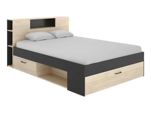 Cama Com Cabeceira De Arrumação E Gavetas Disponivel Em Natural E Antracite - 140X190Cm - Leandre