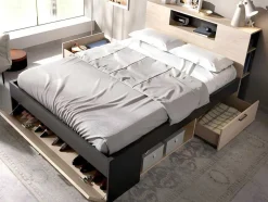 Cama Com Cabeceira De Arrumação E Gavetas Disponivel Em Natural E Antracite - 140X190Cm - Leandre