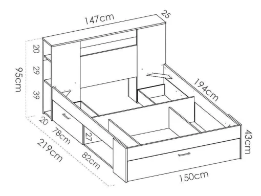 Cama Com Cabeceira De Arrumação E Gavetas Disponivel Em Natural E Antracite - 140X190Cm - Leandre