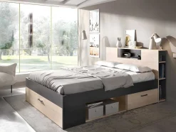 Cama Com Cabeceira De Arrumação E Gavetas Disponivel Em Natural E Antracite - 140X190Cm - Leandre