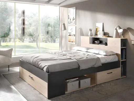 Cama Com Cabeceira De Arrumação E Gavetas Disponivel Em Natural E Antracite - 140X190Cm - Leandre