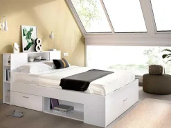 Cama Com Cabeceira De Arrumação E Gavetas Disponivel Em Branco - 140X190Cm - Leandre