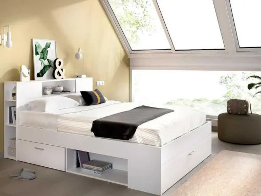 Cama Com Cabeceira De Arrumação E Gavetas Disponivel Em Branco - 140X190Cm - Leandre