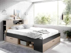 Cama Com Cabeceira De Arrumação E Gavetas Disponivel Em Natural E Antracite - 140X190Cm - Leandre