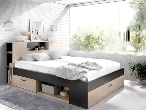 Cama Com Cabeceira De Arrumação E Gavetas Disponivel Em Natural E Antracite - 140X190Cm - Leandre