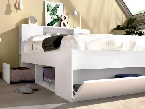 Cama Com Cabeceira De Arrumação E Gavetas Disponivel Em Branco - 140X190Cm - Leandre