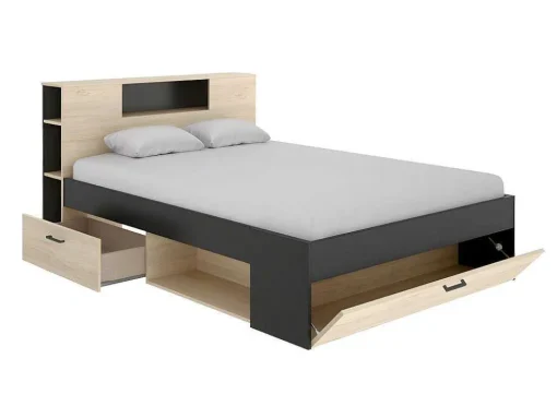 Cama Com Cabeceira De Arrumação E Gavetas Disponivel Em Natural E Antracite - 140X190Cm - Leandre
