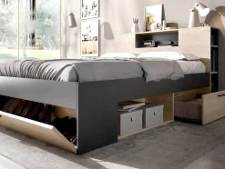 Cama Com Cabeceira De Arrumação E Gavetas Disponivel Em Natural E Antracite - 140X190Cm - Leandre