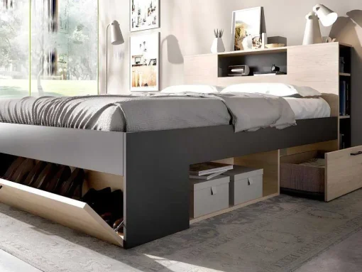 Cama Com Cabeceira De Arrumação E Gavetas Disponivel Em Natural E Antracite - 140X190Cm - Leandre