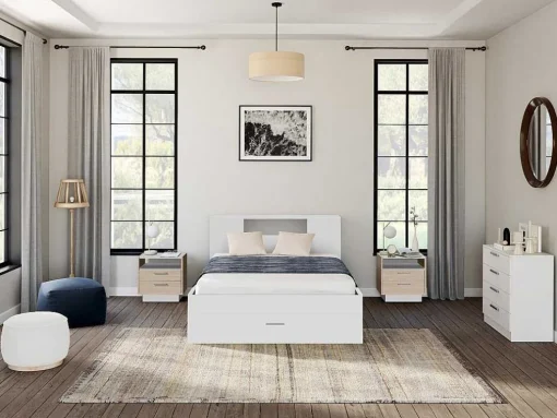 Cama Com Cabeceira De Arrumação E Gavetas Disponivel Em Branco - 140X190Cm - Leandre