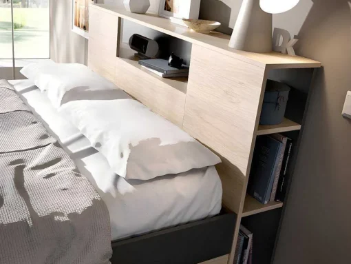 Cama Com Cabeceira De Arrumação E Gavetas Disponivel Em Natural E Antracite - 140X190Cm - Leandre