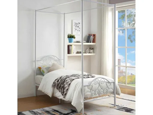 Cama Com Dossel 90X190Cm Em Metal Branco - Leyna