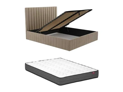 Cama Com Espaco De Arrumação 160 X 200 Cm Com Cabeceira De Cama Costuras Verticais Veludo Taupe + Colchão - Larali