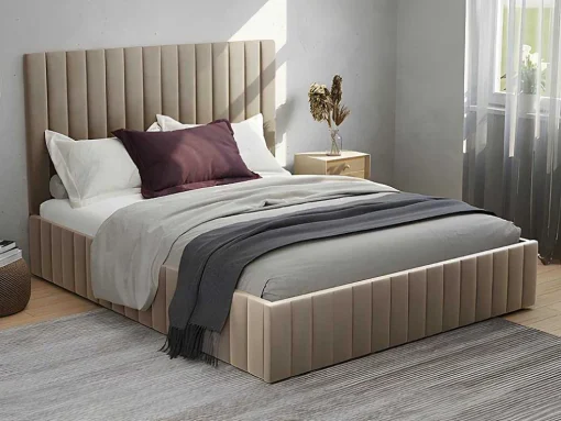 Cama Com Espaco De Arrumação 160 X 200 Cm Com Cabeceira De Cama Costuras Verticais Veludo Taupe + Colchão - Larali