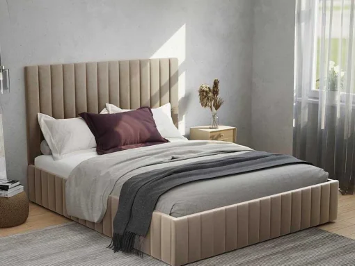 Cama Com Espaco De Arrumação 160 X 200 Cm Com Cabeceira De Cama Costuras Verticais Veludo Taupe + Colchão - Larali