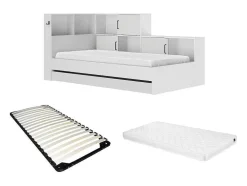 Cama Com Espacos De Arrumação E Gaveta 90X200 Cm Branco + Sommier + Colchão - Armand