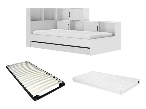 Cama Com Espacos De Arrumação E Gaveta 90X200 Cm Branco + Sommier + Colchão - Armand