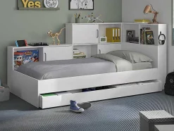 Cama Com Espacos De Arrumação E Gaveta 90X200 Cm Branco + Sommier + Colchão - Armand