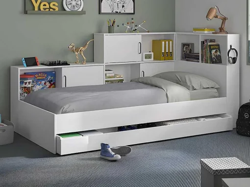 Cama Com Espacos De Arrumação E Gaveta 90X200 Cm Branco + Sommier + Colchão - Armand