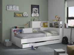 Cama Com Espacos De Arrumação E Gaveta 90X200 Cm Branco + Sommier + Colchão - Armand