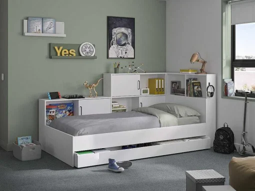 Cama Com Espacos De Arrumação E Gaveta 90X200 Cm Branco + Sommier + Colchão - Armand