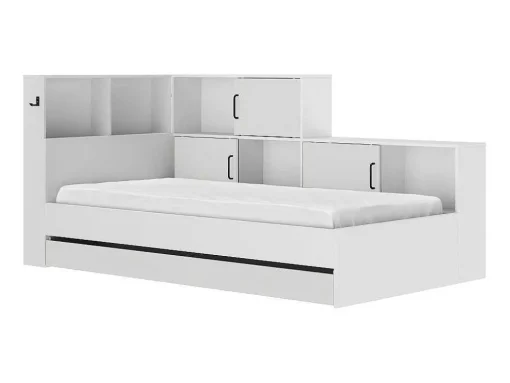 Cama Com Espacos De Arrumação E Gaveta 90X200 Cm Branco + Sommier + Colchão - Armand