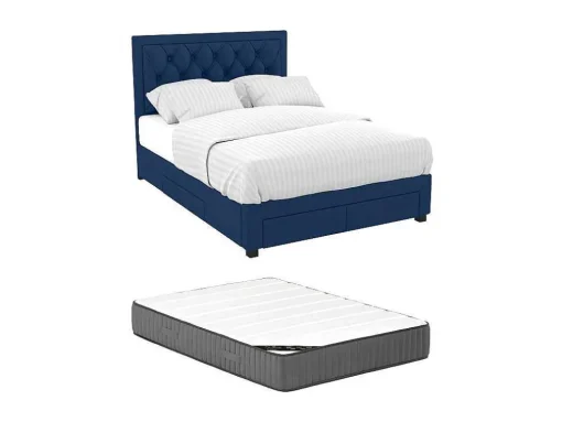 Cama Com Gavetas 180 X 200 Cm Tecido Veludo Azul + Colchão - Leopold