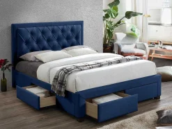 Cama Com Gavetas 180 X 200 Cm Tecido Veludo Azul + Colchão - Leopold
