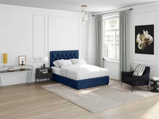 Cama Com Gavetas 180 X 200 Cm Tecido Veludo Azul + Colchão - Leopold
