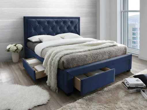 Cama Com Gavetas 180 X 200 Cm Tecido Veludo Azul + Colchão - Leopold