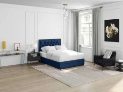 Cama Com Gavetas 160 X 200 Cm Veludo Azul + Colchão - Leopold