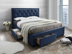 Cama Com Gavetas 160 X 200 Cm Veludo Azul + Colchão - Leopold