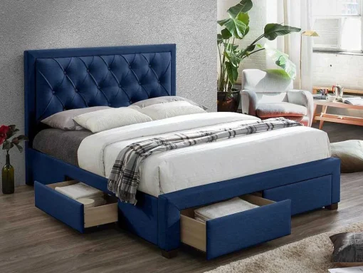 Cama Com Gavetas 160 X 200 Cm Veludo Azul + Colchão - Leopold