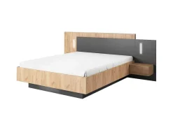 Cama Com Mesas De Cabeceira 160 X 200 Cm, 2 Gavetas E Leds Cor Natural E Antracite - Francoli