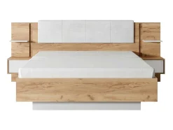 Cama Com Mesas De Cabeceira 160X200 Cm, Com Leds, Cor Natural E Branco - Elynia