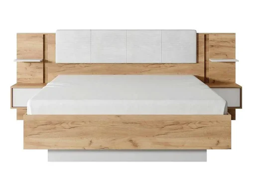 Cama Com Mesas De Cabeceira 160X200 Cm, Com Leds, Cor Natural E Branco - Elynia