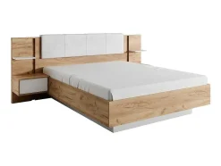 Cama Com Mesas De Cabeceira 160X200 Cm, Com Leds, Cor Natural E Branco - Elynia