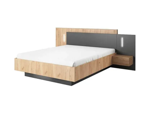 Cama Com Mesas De Cabeceira 160 X 200 Cm, 2 Gavetas, Com Leds, Cor Natural E Antracite + Estrado De Ripas - Francoli