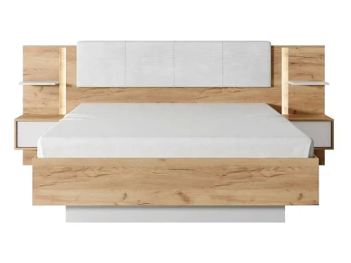 Cama Com Mesas De Cabeceira 160X200 Cm, Com Leds, Cor Natural E Branco - Elynia