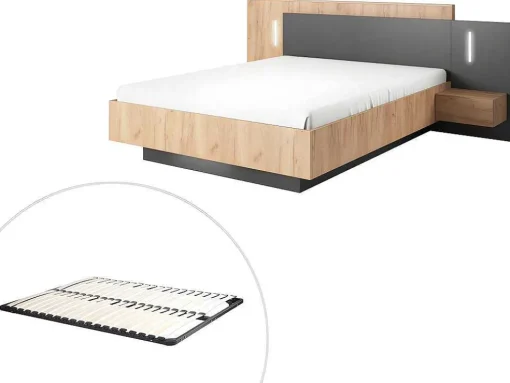 Cama Com Mesas De Cabeceira 160 X 200 Cm, 2 Gavetas, Com Leds, Cor Natural E Antracite + Estrado De Ripas - Francoli