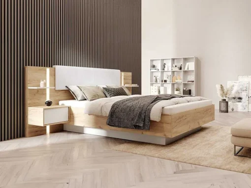 Cama Com Mesas De Cabeceira 160X200 Cm, Com Leds, Cor Natural E Branco - Elynia