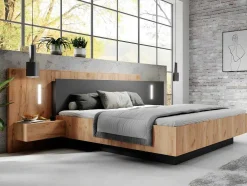 Cama Com Mesas De Cabeceira 160 X 200 Cm, 2 Gavetas, Com Leds, Cor Natural E Antracite + Estrado De Ripas - Francoli