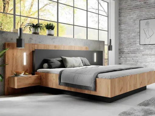 Cama Com Mesas De Cabeceira 160 X 200 Cm, 2 Gavetas, Com Leds, Cor Natural E Antracite + Estrado De Ripas - Francoli