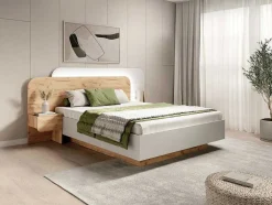 Cama Com Mesas De Cabeceira 160X200 Cm, Com Leds, Cor Natural E Branco - Desado