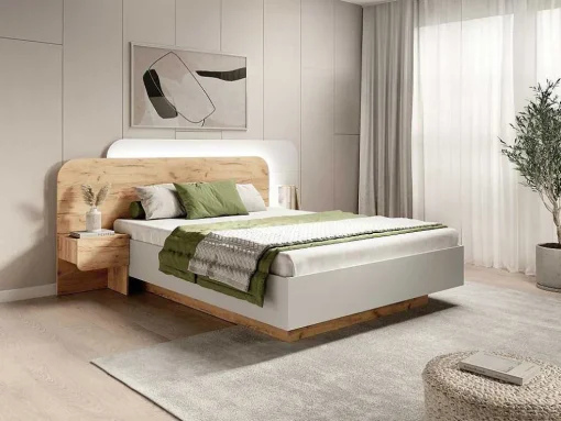 Cama Com Mesas De Cabeceira 160X200 Cm, Com Leds, Cor Natural E Branco - Desado
