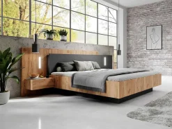 Cama Com Mesas De Cabeceira 160 X 200 Cm, 2 Gavetas, Com Leds, Cor Natural E Antracite + Estrado De Ripas - Francoli
