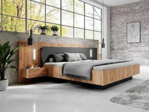 Cama Com Mesas De Cabeceira 160 X 200 Cm, 2 Gavetas, Com Leds, Cor Natural E Antracite + Estrado De Ripas - Francoli