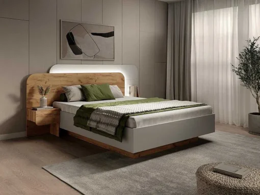 Cama Com Mesas De Cabeceira 160X200 Cm, Com Leds, Cor Natural E Branco - Desado