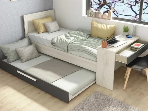 Cama Dupla 2X90X200 Cm, Com Secretária Cor Natural E Antracite - Vouani