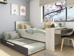 Cama Dupla 2X90X200 Cm, Com Secretária Cor Natural E Antracite + Sommier - Vouani